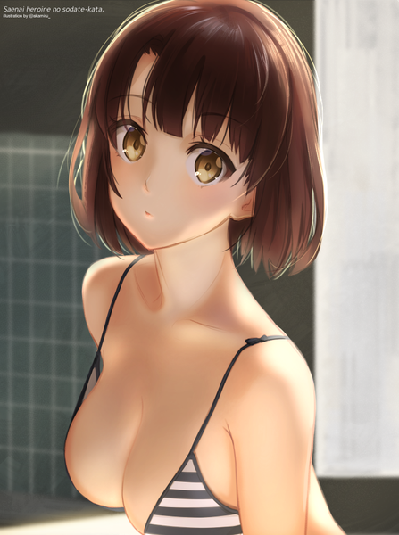 Anime picture 761x1022 with saenai heroine no sodatekata a-1 pictures katou megumi akame (akamiru) single tall image short hair breasts light erotic brown hair large breasts brown eyes signed upper body parted lips head tilt twitter username text watermark girl
