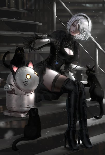 Anime picture 4066x6000 with nier nier:automata yorha no. 2 type b nixeu single tall image fringe highres short hair breasts blue eyes light erotic large breasts sitting holding animal ears looking away absurdres cleavage full body