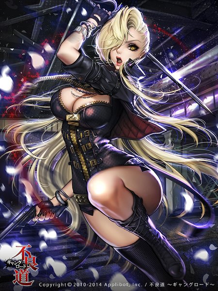 Anime picture 700x933 with furyou michi ~gang road~ dadachyo single long hair tall image fringe breasts open mouth light erotic yellow eyes white hair hair over one eye girl weapon petals sword boots gun