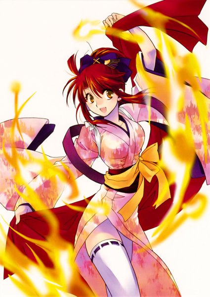 Anime picture 2478x3494 with kaze no stigma kannagi ayano nanto hanamaru single long hair tall image highres open mouth simple background white background yellow eyes looking away red hair traditional clothes japanese clothes girl thighhighs white thighhighs fire