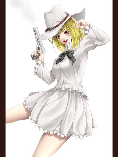 Anime picture 1024x1365 with original mochi.f single tall image short hair simple background blonde hair white background brown eyes pillarboxed girl weapon hat gun