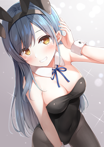 Anime picture 752x1062 with original karutamo single long hair tall image looking at viewer blush fringe breasts light erotic simple background smile large breasts standing bare shoulders animal ears yellow eyes payot blue hair cleavage