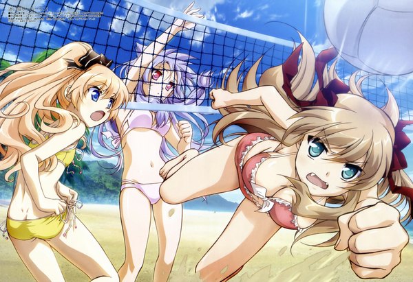 Anime picture 2000x1371 with mayoi neko overrun! serizawa fumino kiriya nozomi umenomori chise highres light erotic blonde hair twintails multiple girls purple hair playing sports beach volleyball girl swimsuit bikini 3 girls