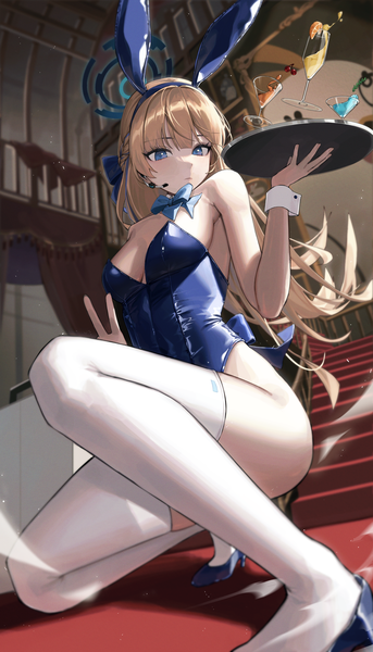 Anime picture 2500x4375 with blue archive toki (blue archive) toki (bunny) (blue archive) kongsi single long hair tall image looking at viewer blush fringe highres breasts blue eyes light erotic blonde hair bare shoulders animal ears indoors blunt bangs high heels