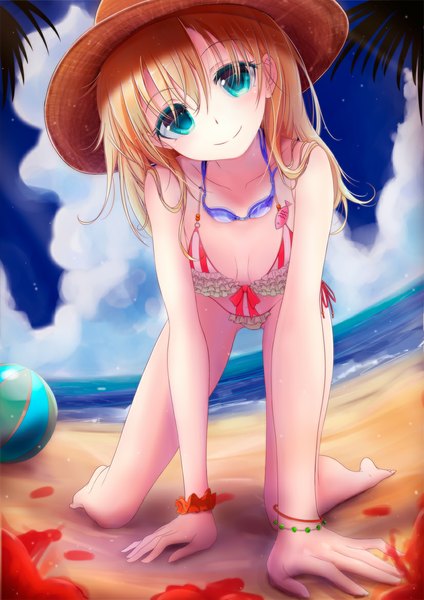 Anime picture 827x1169 with original mikanmelon single long hair tall image looking at viewer blush blue eyes light erotic blonde hair smile sky cloud (clouds) beach girl flower (flowers) swimsuit hat bikini petals