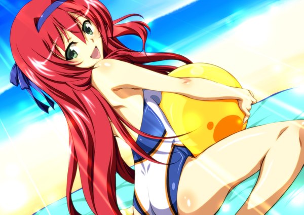 Anime picture 2047x1447 with long hair highres open mouth light erotic green eyes red hair looking back beach girl swimsuit hairband beachball