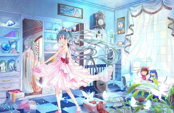 Anime picture 1747x1134 with vocaloid suki! yuki! maji magic (vocaloid) hatsune miku yuki miku chuushuu meigetsu miku peas (peas0125) single long hair looking at viewer blush fringe highres hair between eyes twintails bare shoulders signed indoors traditional clothes parted lips looking back