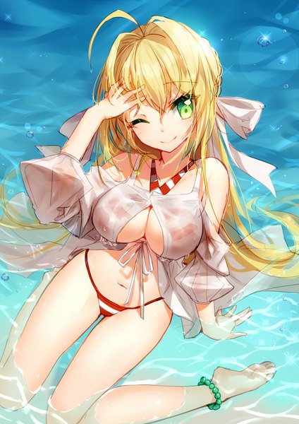 Anime picture 800x1131 with fate (series) fate/grand order nero claudius (fate) (all) nero claudius (swimsuit caster) (fate) bison cangshu single long hair tall image looking at viewer blush fringe breasts light erotic blonde hair smile hair between eyes large breasts sitting bare shoulders green eyes