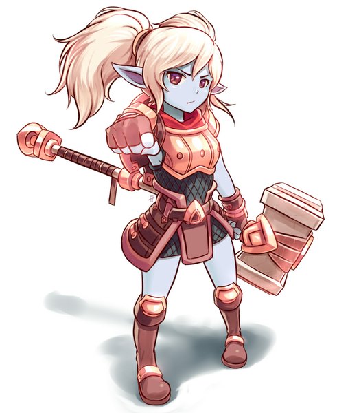 Anime picture 863x1055 with league of legends poppy (league of legends) sieyarelow tall image looking at viewer short hair simple background red eyes white background twintails white hair pointy ears outstretched arm blue skin girl weapon armor hammer