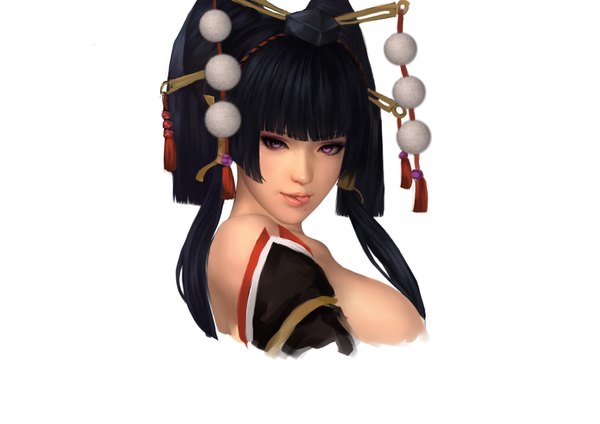 Anime picture 3507x2480 with dead or alive nyotengu oinari risuru single long hair looking at viewer fringe highres breasts light erotic black hair simple background large breasts white background purple eyes absurdres blunt bangs lips mole dark skin