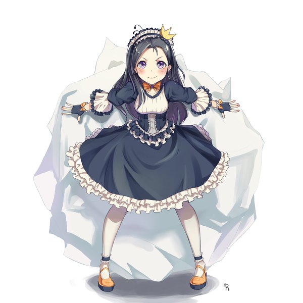 Anime picture 5000x5000 with original dampi single long hair looking at viewer highres black hair simple background smile standing white background purple eyes signed absurdres full body wide sleeves spread arms frilled dress underbust antennae