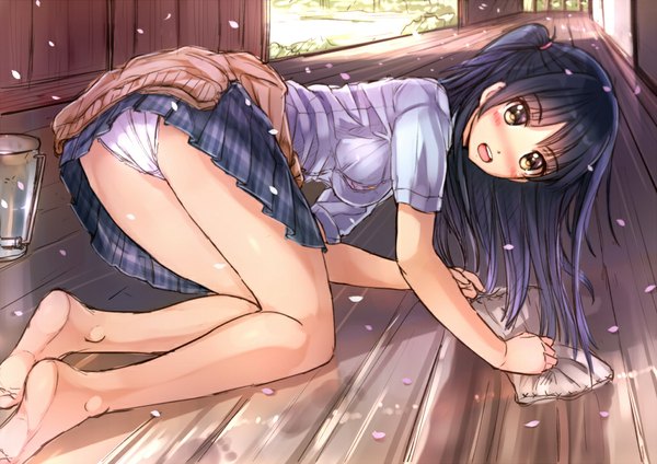 Anime picture 1023x723 with original kazeno single long hair looking at viewer blush open mouth light erotic black hair brown eyes girl skirt underwear panties shirt petals