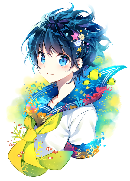 Anime picture 656x915 with tokyo 7th sisters kamishiro sui nardack single tall image looking at viewer blush fringe short hair blue eyes black hair smile signed portrait underwater girl uniform animal serafuku fish (fishes)