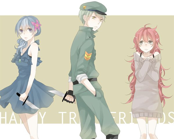 Anime picture 1024x819 with happy tree friends flippy flaky petunia kiri (lwp01 lav) long hair short hair blue eyes bare shoulders multiple girls brown eyes yellow eyes blue hair ponytail red hair hair flower green hair hand in pocket hands clasped military