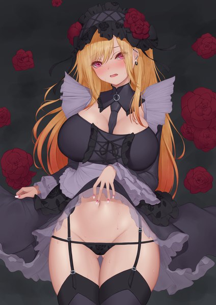 Anime picture 2000x2828 with sono bisque doll wa koi wo suru cloverworks kitagawa marin kuroe shizuku pinkcap single long hair tall image looking at viewer blush fringe highres breasts open mouth light erotic simple background blonde hair hair between eyes red eyes large breasts