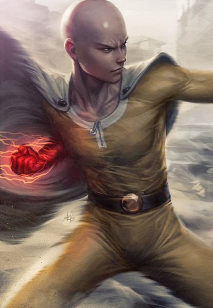 Anime picture 900x1300 with one-punch man madhouse saitama (one-punch man) artgerm (stanley lau) single tall image standing signed looking away black eyes realistic magic fighting stance serious skin tight bald superhero punch boy belt