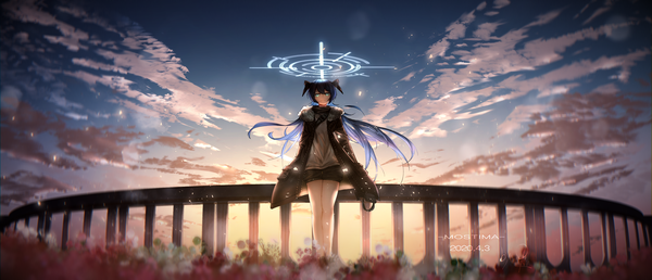 Anime picture 3340x1440 with arknights mostima (arknights) yigu ahh single long hair looking at viewer fringe highres blue eyes black hair hair between eyes wide image standing signed payot blue hair sky cloud (clouds) outdoors horn (horns)