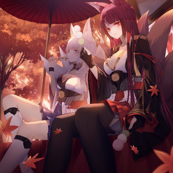 Anime picture 2000x2000 with azur lane akagi (azur lane) kaga (azur lane) cecil86 long hair looking at viewer fringe highres short hair breasts blue eyes light erotic red eyes large breasts sitting multiple girls holding animal ears looking away cleavage