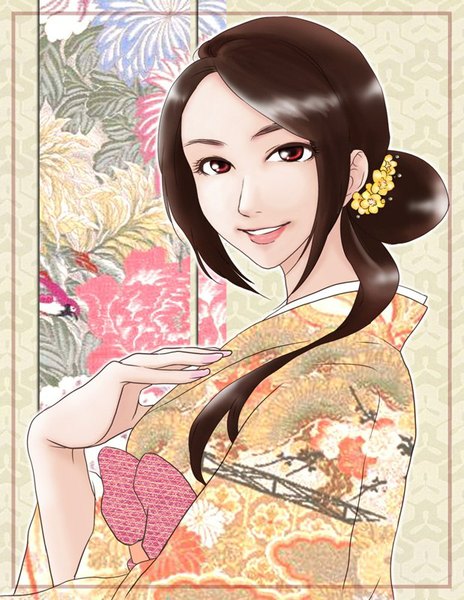 Anime picture 619x800 with original real life minori chihara murasaki songs single long hair tall image looking at viewer breasts smile red eyes brown hair nail polish traditional clothes japanese clothes lips teeth hair bun (hair buns) lipstick hand on chest