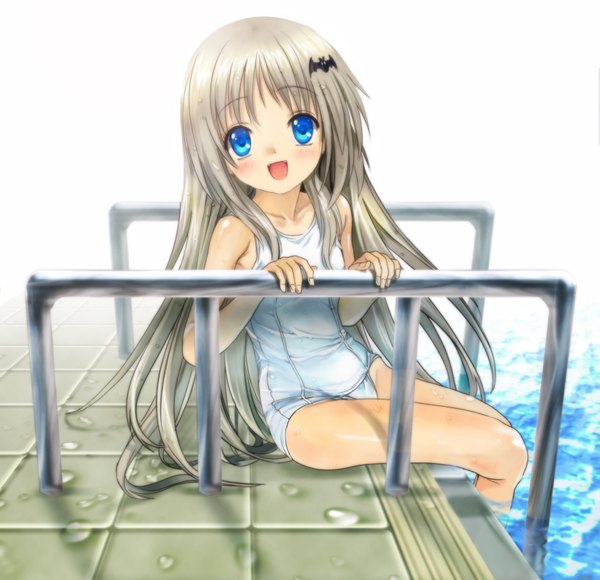 Anime picture 1653x1600 with little busters! key (studio) noumi kudryavka mutsuki (moonknives) single long hair blush open mouth blue eyes light erotic smile sitting white hair lolicon girl hair ornament swimsuit water bobby pin one-piece swimsuit