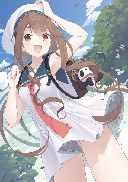 Anime picture 1447x2047 with original tokuno yuika single long hair tall image looking at viewer blush fringe open mouth light erotic smile hair between eyes brown hair standing bare shoulders brown eyes payot sky cloud (clouds) :d