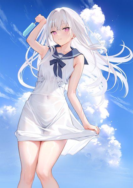 Anime picture 1253x1771 with original shiro-chan (mignon) mignon single long hair tall image looking at viewer blush fringe light erotic smile hair between eyes standing purple eyes sky cloud (clouds) outdoors white hair arm up wind