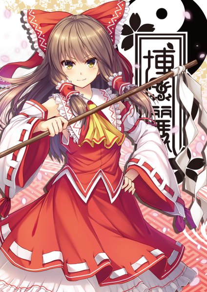 Anime picture 3536x5000 with touhou hakurei reimu noe noel single long hair tall image looking at viewer blush highres brown hair yellow eyes absurdres traditional clothes japanese clothes miko girl skirt bow hair bow detached sleeves