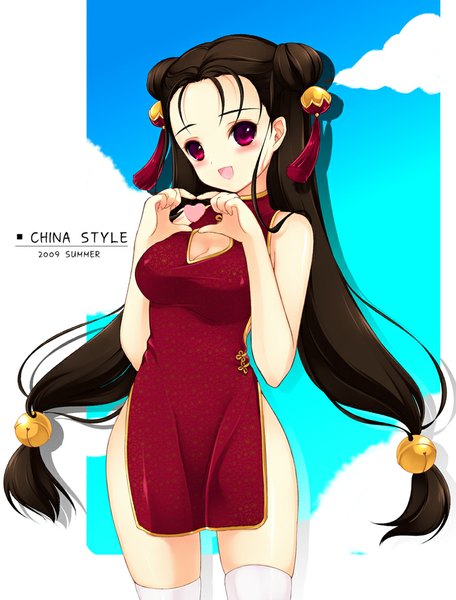 Anime picture 761x1000 with original juna single long hair tall image looking at viewer blush open mouth black hair red eyes twintails bare shoulders chinese clothes girl thighhighs dress hair ornament white thighhighs bell jingle bell