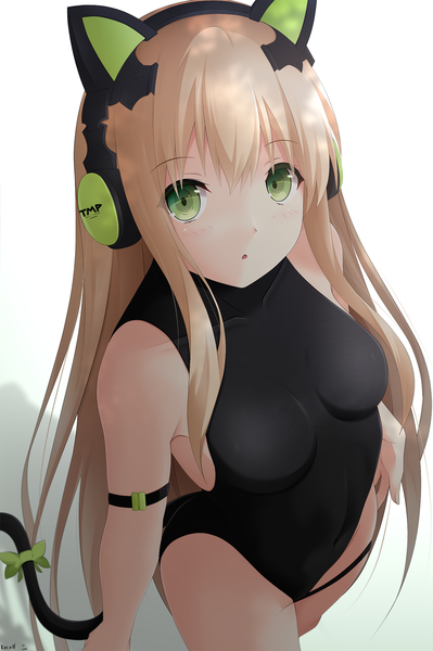 Anime-Bild 1131x1700 mit girls frontline tmp (girls frontline) keenh single long hair tall image looking at viewer blush fringe breasts open mouth light erotic simple background blonde hair hair between eyes standing white background green eyes signed animal ears