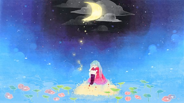Anime picture 1000x563 with vocaloid hatsune miku kyang692 long hair wide image sitting twintails cloud (clouds) aqua hair night crying crescent girl dress flower (flowers) star (symbol) red dress