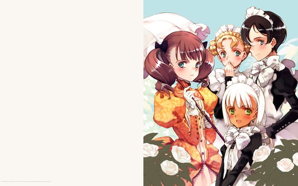 Anime picture 1920x1200 with rondo leaflet littlewitch lita robinetta ashley nina edwards collet lloyd oyari ashito looking at viewer highres short hair open mouth blue eyes black hair blonde hair brown hair wide image twintails multiple girls green eyes white hair