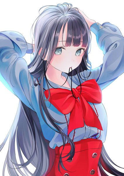 Anime picture 1000x1414 with original nabi (uz02) single long hair tall image looking at viewer blush fringe blue eyes black hair simple background standing white background holding upper body blunt bangs arms up mouth hold arms behind head double buttons