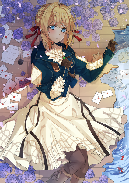 Anime picture 903x1277 with violet evergarden kyoto animation violet evergarden (character) hoshi lingdang single tall image looking at viewer blush fringe short hair blue eyes blonde hair hair between eyes payot bent knee (knees) indoors lying braid (braids) long sleeves from above
