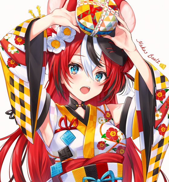 Anime picture 1000x1073 with virtual youtuber hololive hololive english hakos baelz shiao single long hair tall image looking at viewer blush fringe open mouth blue eyes hair between eyes animal ears upper body red hair traditional clothes japanese clothes multicolored hair