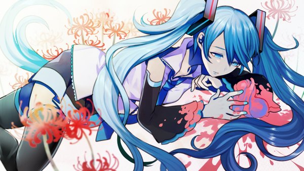 Anime picture 1280x720 with vocaloid hatsune miku harano single long hair blue eyes wide image twintails blue hair lying nail polish pleated skirt lipstick on stomach girl skirt flower (flowers) detached sleeves miniskirt necktie
