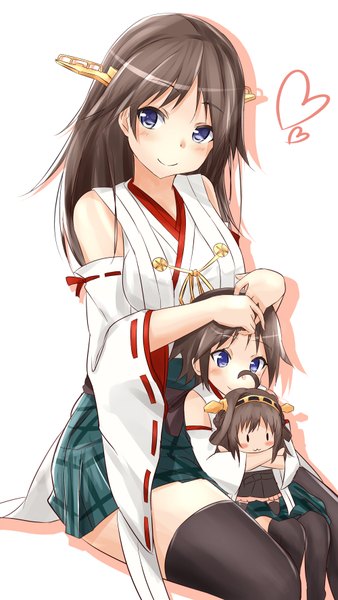 Anime picture 1000x1774 with kantai collection kongou battleship hiei battleship saku (kudrove) long hair tall image looking at viewer blush short hair blue eyes simple background smile brown hair white background multiple girls looking away ahoge traditional clothes japanese clothes wide sleeves