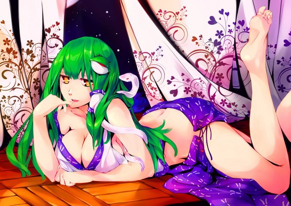 Anime picture 1984x1403 with touhou kochiya sanae kalalasan single long hair looking at viewer highres breasts light erotic bare shoulders yellow eyes lying barefoot green hair lips legs sleeveless finger to mouth naughty face girl