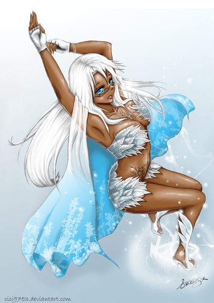 Anime picture 2480x3508 with laffinityl (artist) single long hair tall image highres breasts blue eyes light erotic large breasts white hair armpit (armpits) dark skin girl gloves glasses shoes