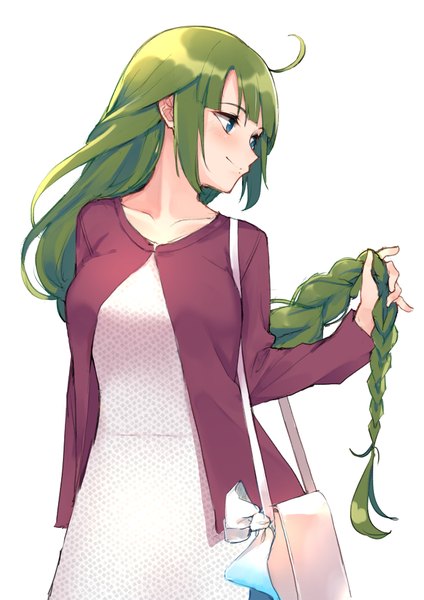 Anime picture 694x982 with kantai collection yuugumo destroyer kemololi single long hair tall image blush simple background smile standing white background looking away ahoge braid (braids) profile green hair turning head single braid holding hair girl