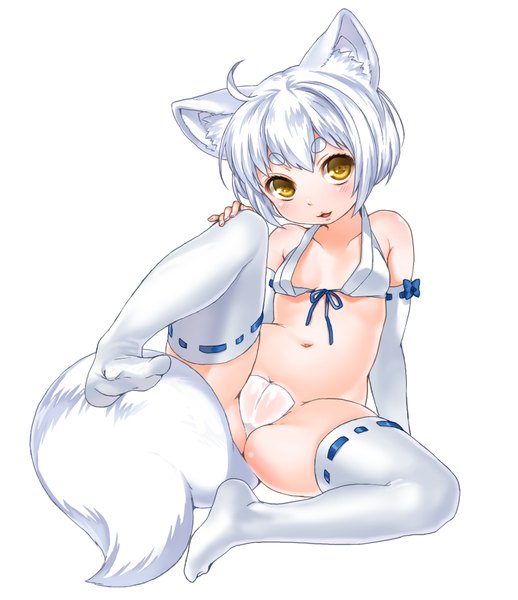 Anime picture 791x915 with original shouni (sato3) single tall image looking at viewer blush fringe short hair breasts light erotic simple background white background animal ears yellow eyes full body white hair tail animal tail cameltoe girl