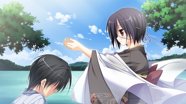 Anime picture 1280x720 with 1/2 summer sesena yau short hair black hair red eyes wide image game cg japanese clothes girl boy