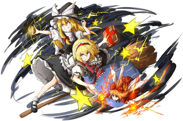 Anime picture 3029x2010 with touhou kirisame marisa alice margatroid shanghai kankan33333 long hair highres short hair blonde hair smile multiple girls brown eyes yellow eyes absurdres full body short sleeves puffy sleeves grin outstretched arm flying