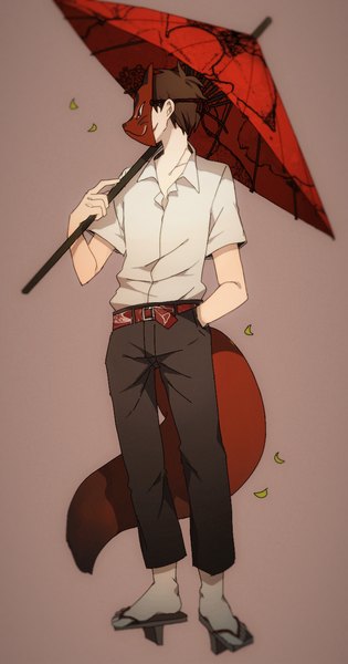 Anime picture 700x1331 with original newo (shinra-p) single tall image short hair simple background brown hair standing tail animal tail wide sleeves short sleeves pale skin open collar hand in pocket boy shirt belt white shirt leaf (leaves)