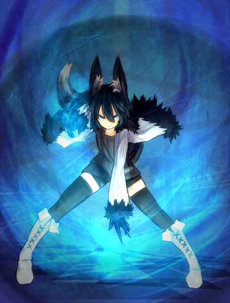 Anime picture 1500x1973 with original nanashi (shirogane usagi) ganesagi single tall image looking at viewer fringe short hair blue eyes black hair standing animal ears tail animal tail open clothes open jacket leaning leaning forward fox ears magic