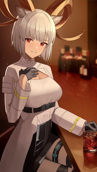 Anime picture 1818x3200 with arknights carnelian (arknights) teruru (teruru0321) single tall image looking at viewer fringe highres short hair red eyes sitting animal ears silver hair horn (horns) hand on chest underbust dust girl alcohol glass