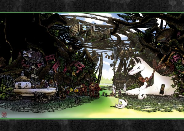 Аниме картинка 3500x2500 с тоторо kyan-dog (artist) высокое разрешение absurdres пейзаж мини-девочка верховая езда детальный девушка оружие растение (растения) животное дерево (деревья) птица (птицы) капюшон маска чудовище флаг тории дом