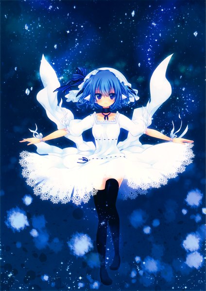 Anime picture 2574x3640 with original konno kengo single tall image looking at viewer highres short hair purple eyes blue hair girl thighhighs dress black thighhighs bonnet