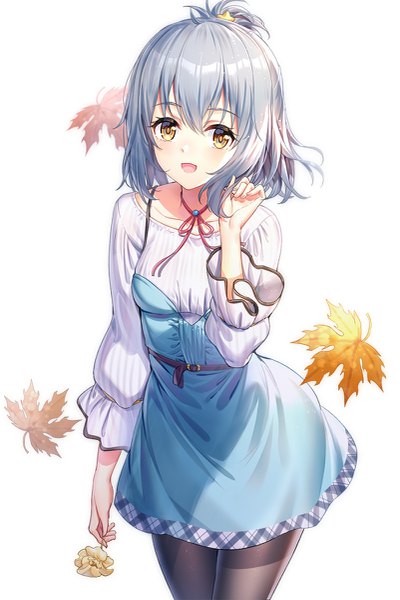 Anime picture 801x1200 with himitsu no jugyou original haori haruki ririko (zhuoyandesailaer) single tall image looking at viewer blush fringe short hair breasts open mouth simple background smile hair between eyes standing white background holding yellow eyes silver hair
