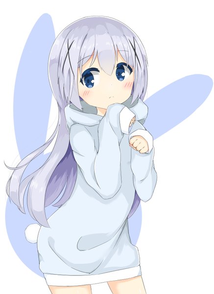 Anime picture 2700x3700 with gochuumon wa usagi desu ka? white fox kafuu chino keshigomu single long hair tall image blush highres blue eyes simple background white background looking away tail animal tail bunny tail silhouette paw pose girl dress