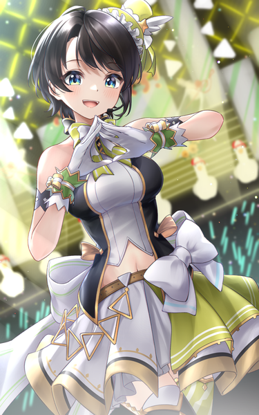 Anime picture 1789x2865 with virtual youtuber hololive oozora subaru subaru duck tsurupy single tall image highres short hair open mouth blue eyes black hair :d official alternate costume fingers together hololive idol uniform girl skirt gloves hat